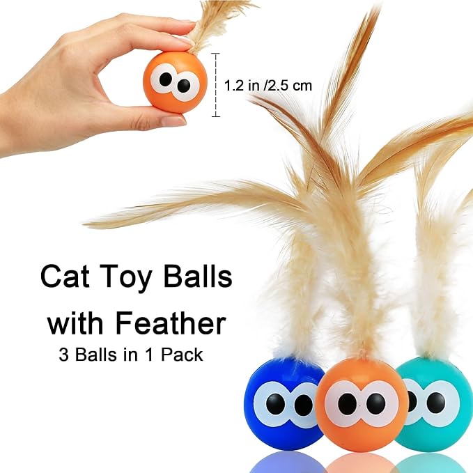 Bouncy Cat Toys with Feathers 3-Pack, Interactive Rubber Ball with Goofy Eyes and Natural Tail for Indoor Cats & Kittens, High Elastic Bouncing Toy for Chase Hunt Play