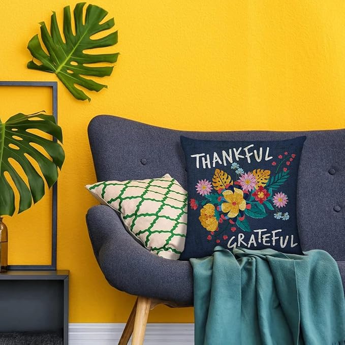 Littlefa Thankful Grateful Flower Throw Pillow Cover Navy Blue | Navy Blue Decorative Pillow Case for Couch Sofa Bedroom, Inspiring Gifts for Friends Women