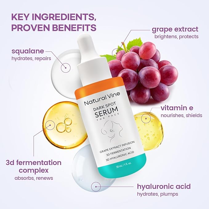 Natural Vine Dark Spot Remover for Face Serum: Age Spot Sun Spot Brown Spot with Grape Extract, Fermentation Complex, Hyaluronic Acid & Vitamin E, for Women and Men, 1 FL OZ / 30mL