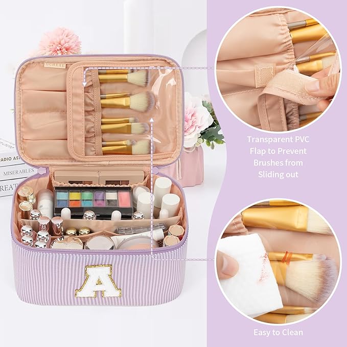 OCHEAL Makeup Bag Valentines Day Gifts for Women, Monogram Cosmetic Bag Purple Travel Makeup Case Beauty Toiletry Bag Organizer Personalized Gifts for Girls Bridesmaid, Sister, Wife, Friends Initial A