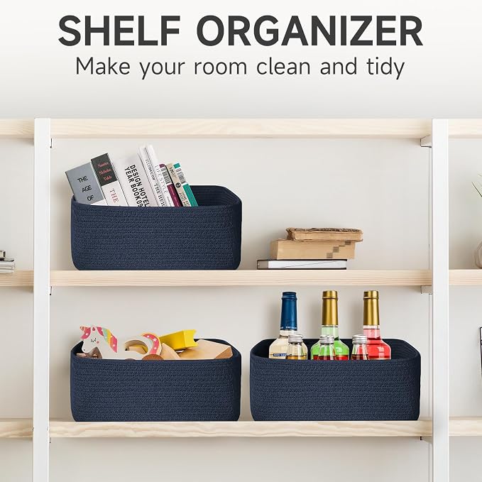 3 Pack Small Storage Baskets for Organizing, 11.8×7.8×5.1", Navy Blue | Woven Baskets for shelves, Cotton Rope Basket for Gifts Empty, Closet Organizer Bins with Handles, Cube Decorative Box