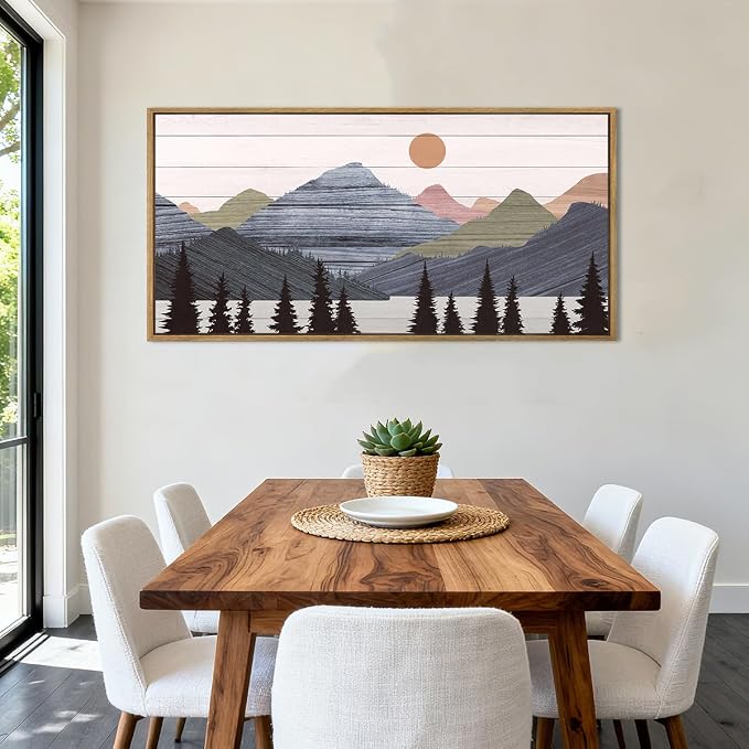 Framed Mountain Wall Art Pine Tree Forest Wall Decor Modern Mountain Range Painting 20x40 Inch for Living Room Bedroom Dining Room