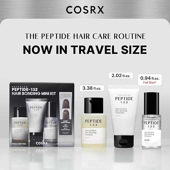 COSRX PEPTIDE-132 Hair Bonding Mini Kit – Travel-Size Shampoo & Treatment + Full-Size Oil Serum, Keratin Treatment Hair Gift Set for Damaged, Dry Hair, Scalp Treatment for Dandruff, Dry & Itchy Scalp