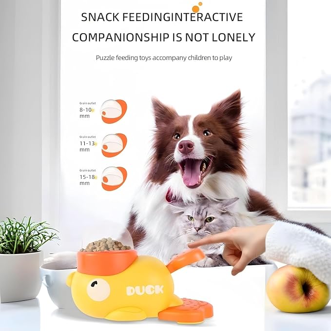 Interactive Dog Treat Dispenser Toy, Duck Shape Puzzle Feeder with Press Button and Rotating Design, Yellow and Orange, Slow Feeding Game for Dogs and Cats