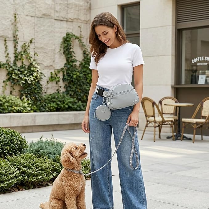 Dog Treat Pouch Pet Training Walking Fanny Pack with Built-in Poop Bag Dispenser & Waste Bag Holder | Stylish Puppy Training Essentials Supplies | Free Dog Clicker (Grey)