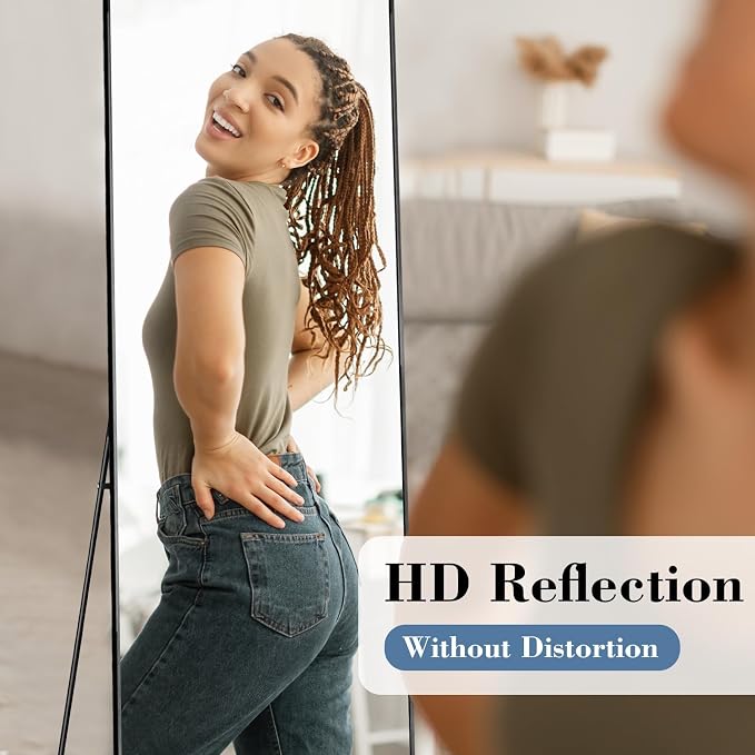 DUMOS 56"x15" Full Length Mirror with Stand, Full Body Floor Mirror | Free Standing or Wall Mount, Nano Glass Aluminum Frame, Hanging or Leaning, Modern Simple Home Decor, Black