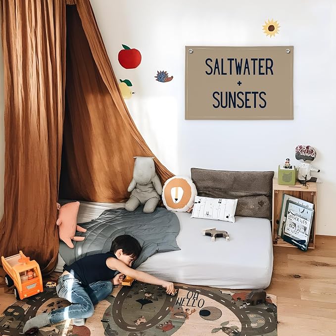 Beach Room Decor Banner, Boho Coastal Saltwater Sunsets Wall Art Linen Canvas Banner Flag for Aesthetic Room Decor, Playroom Nursery Surf Decor,Housewarming Gift, Beach Gifts boyroom