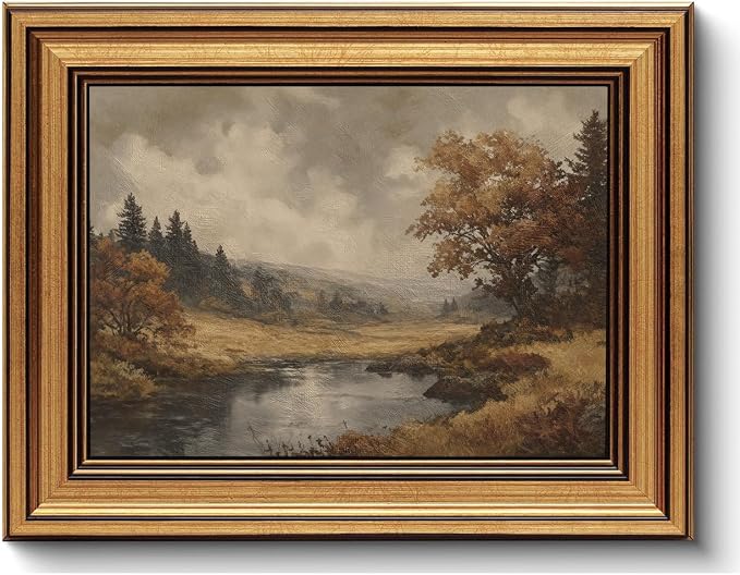 Vintage Gold Framed Wall Art Fall Forest Lake Landscape Painting Wall Decor | Autumn Scenery Pictures Canvas Art Farmhouse Cottagecore Small Framed Prints Artwork for Bookshelf Hallway Gallery Wall