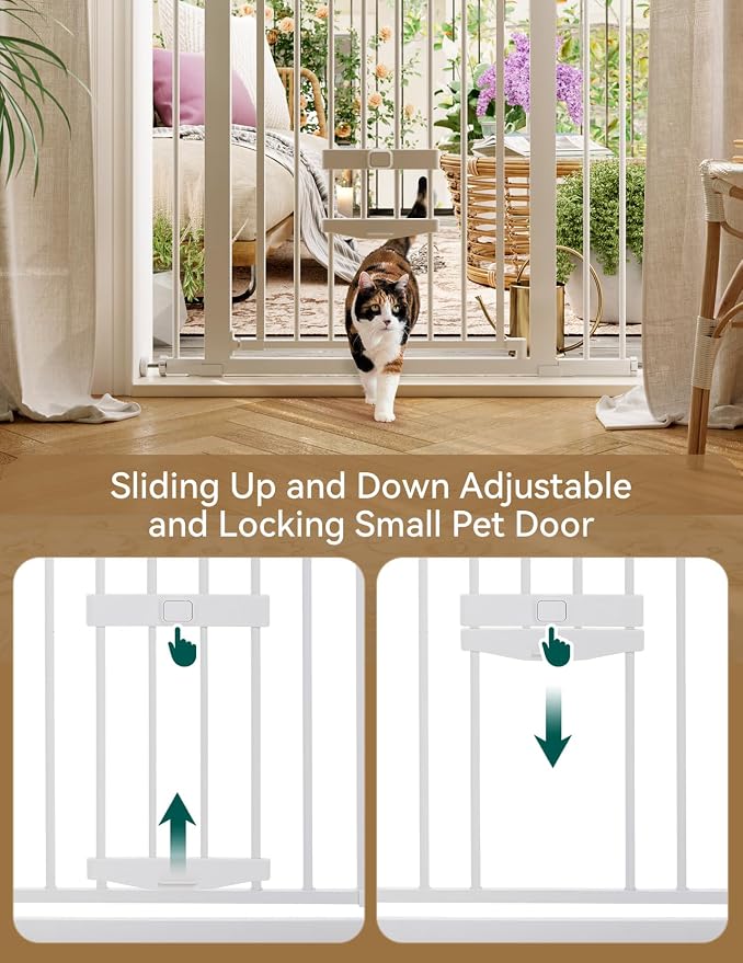 Babelio 36" Tall Baby Gate with Cat Door, CatPrivilege II, 29-40" | 6-Level Adjustable Metal Pet Gate, Auto-Close Safety Gates with Pet Door, Easy Walk Thru, White