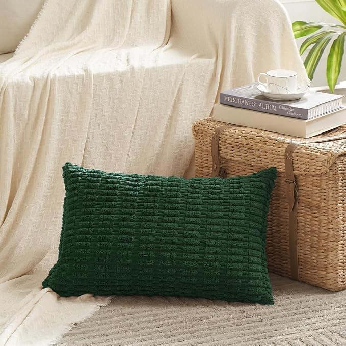 Fancy Homi Decorative Throw Pillow Covers for Bed Couch Bedroom Bench, Soft Corduroy Solid Pillow Case, Rustic Farmhouse Boho Room Decor,24" x 16" (Pack of 1),Dark Green