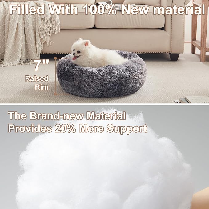 23 in Faux Fur Fluffy Donut Dog Bed for Small Dogs,Tie-dye Grey | Calming Plush Round Puppy Pet Bed with Removable & Washable Cover,Fits up to 25 lbs Pets