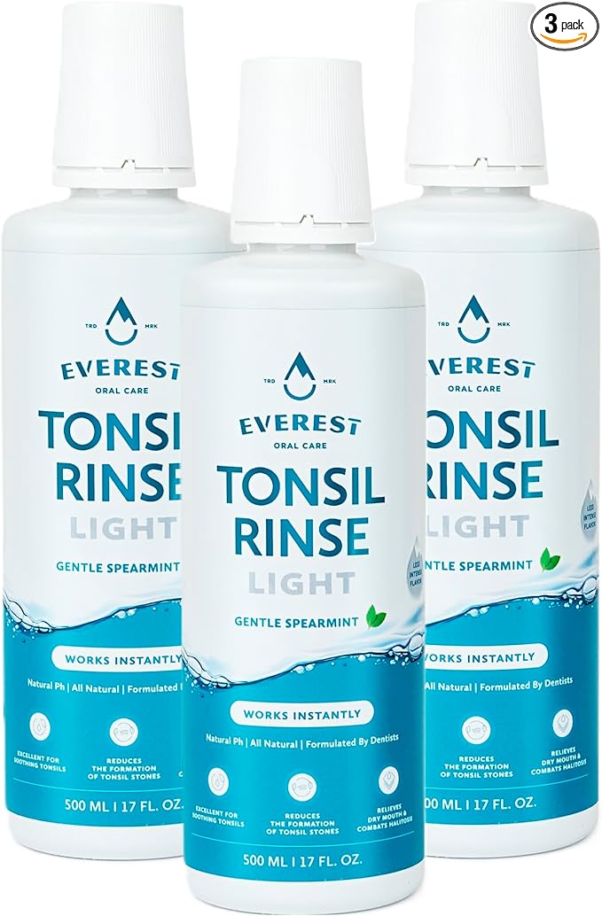 Everest Mouth Wash & Tonsil Stone Remover – Natural Mouthwash or Oral Rinse Liquid to Help Soothe Tonsils, Bad Breath, & Relieve Dry Mouth - Alcohol Free Treatment (17 fl oz (3 Pack), Light Spearmint)
