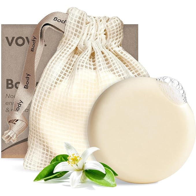 Vove Body Wash Bar Set with Exfoliating Bag, Forest Revive, 2 Bars and Bag - Moisturizing Plant-Based Body Bars, Jojoba Oil, Cocoa Butter, Rice Protein, Essential Oils - FSC-Certified Packaging