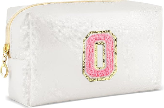 URSKYTOUS Initial Makeup Bag Personalized Preppy Travel Small Cosmetic Bag Cute PU White Chenille Letter Makeup Pouch for Purse Waterproof Zippered Toiletry Organizer for Women Girls Kids Friends (O)
