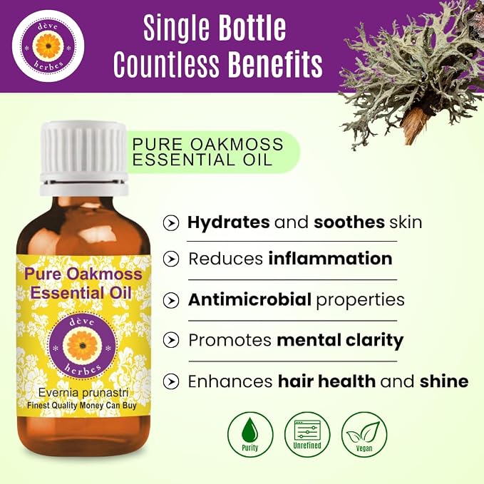 dève herbes Oakmoss Essential Oil (Evernia prunastri) Pure | Non-Sticky | Non-Greasy | Lightweight | Men & Women | All Skin Types | Steam Distilled 15ml (0.5 oz)