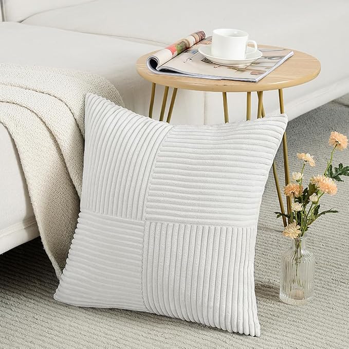 Fancy Homi Pure White Decorative Throw Pillow Covers 16x16 Inch for Living Room Couch Bed, Rustic Farmhouse Boho Home Decor, Soft Corss Patchwork Corduroy Textured Square Cushion Case 40x40 cm