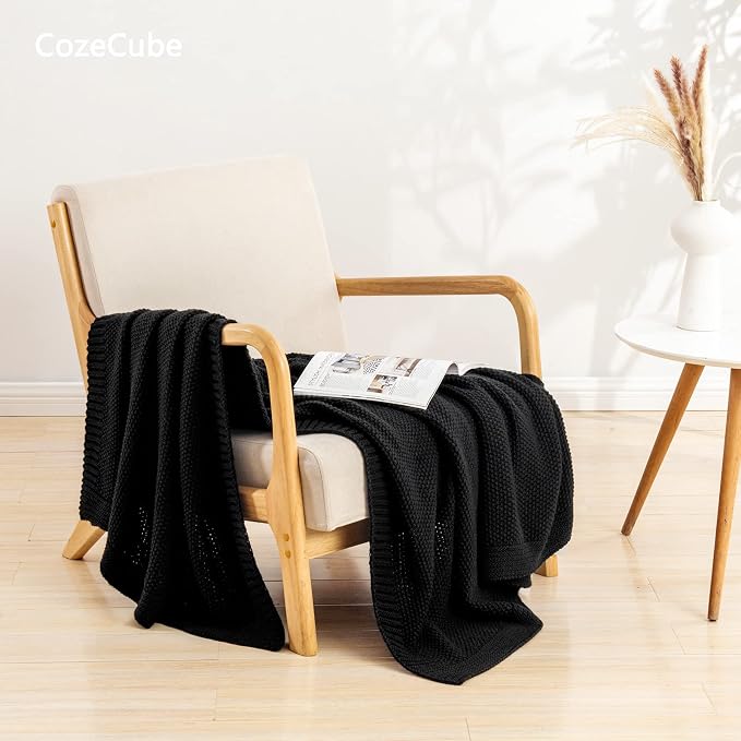 CozeCube Jet Black Seed Stitch Throw Blanket 50"x60", Farmhouse Decor | Blanket for Couch, Soft Cozy Cable Knit Throw for Bed Sofa Living Room, Lightweight Warm Decorative Christmas Blanket