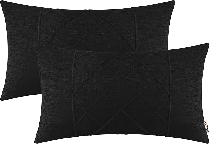 BRAWARM Chenille Throw Pillow Covers 12x20 Inches, Black, 2 Pack | Decorative Lumbar Pleated Pillow Covers, Soft Cushion Cases for Sofa Bed Living Room Home Farmhouse (No Insert)