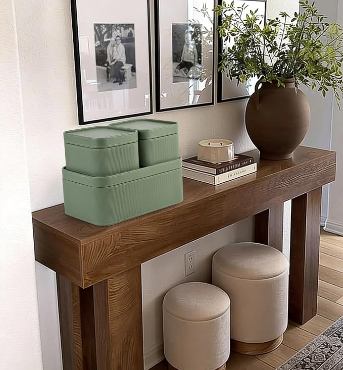 HofferRuffer Faux Leather Decorative Storage Boxes, Dust proof Storage Shelf Baskets with Lids Trays, Storage Bins Memory Box Organizer for Home, Office, Jewelry & More, Set of 3 (Green)