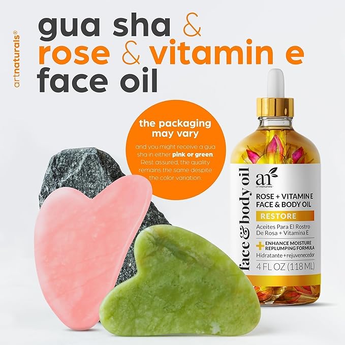 ArtNaturals Face & Body Vitamin E Bio Oil 4.0oz + Gua Sha Facial Tools Set - Organic Moisturizer Skincare for Scars, Stretch Mark, Cellulite & Nails - Great Massage oil for Massaging Joint & Muscle