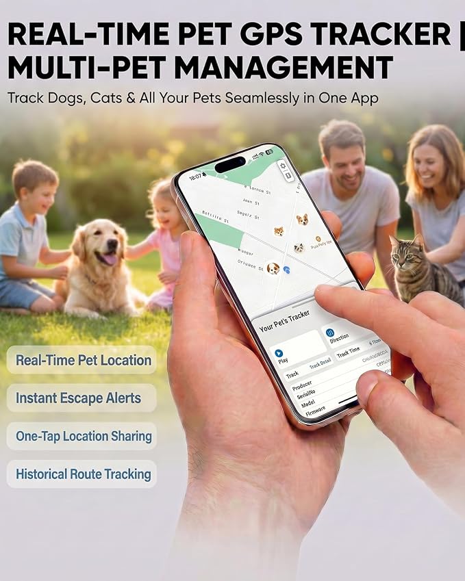 GPS Tracker for Dogs, Smart Dog Tracker with Real-Time Location, for Android and iPhone No Monthly Fee & No SIM Card- Pet Location Tracker with Holder, IP68 Waterproof, Indoor & Outdoor Pet Safety Use