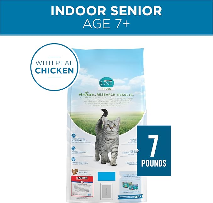 Purina ONE Indoor Advantage Senior Dry Cat Food, High Protein, 7 lb Bag | Made with real chicken and a natural fiber blend that helps minimize hairballs and supports immune health for senior cats
