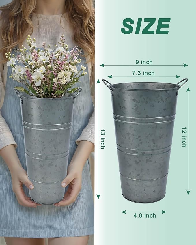 12 Inch Galvanized Metal Vase, 6 Pack Tall Flower Buckets with Handles | Galvanized metal flower buckets with handles, rustic tall vase design for dried flowers, weddings, farmhouse and home decor.