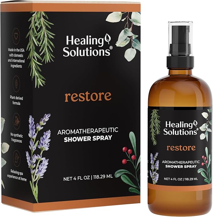 Healing Solutions Aromatherapy Shower Spray, Restore Blend, 4oz, Therapeutic Grade Essential Oils, Made in the USA, At Home Spa Experience, Promotes Muscle Relaxation (4oz, Restore Blend)