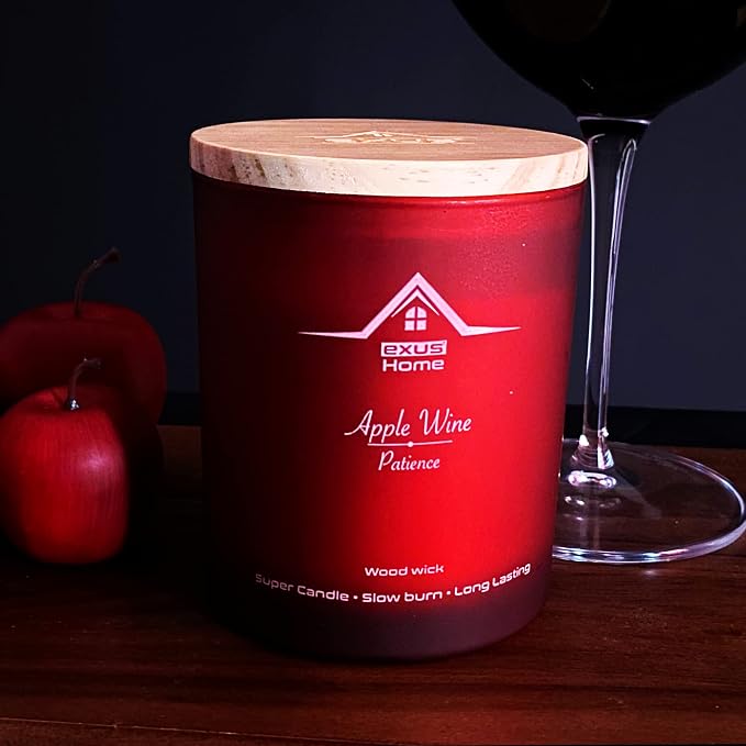 Exus Hand Crafted, Soy Wax, Wood Wick, Aromatic Candle. Non-Toxic (Apple Wine/Patience)