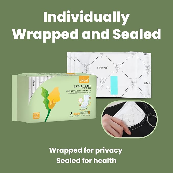 uNeat Ultra Thin Breathable Feminine Pads with Wings for Women, Odor-Neutralizing Tech, Unscented, Heavy, Extra Heavy Absorbency, Overnight (2X Long, 8 Count)