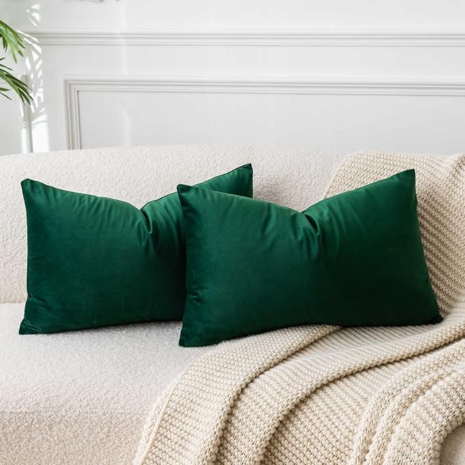 12x20 Lumbar Throw Pillow Covers Set of 2 for Couch Bed Sofa,Dark Green | Decorative Soft Velvet Cushion Covers with Invisible Zipper for Living Room Bedroom Home Decor Christmas