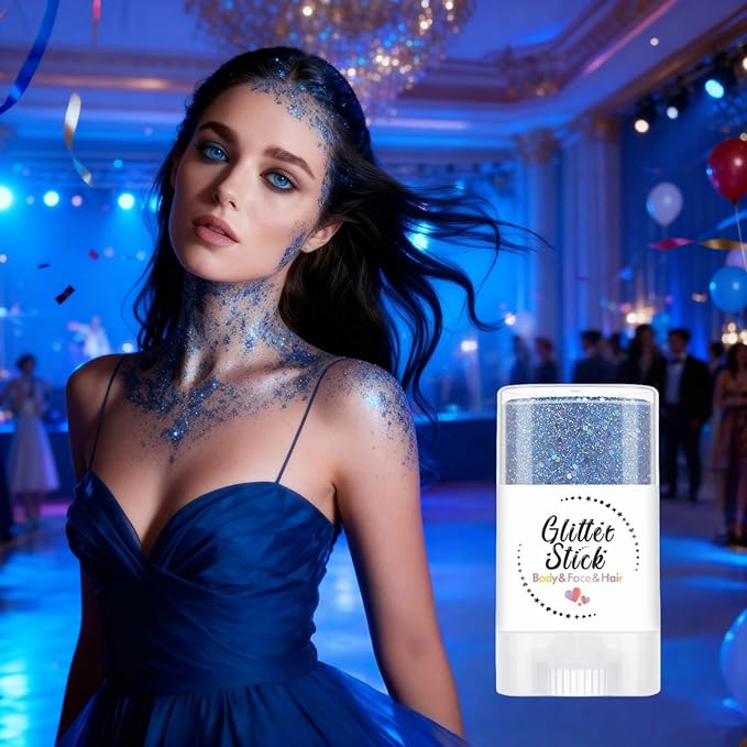Body Glitter Stick, Perfect Holographic Sequins Face Paint Glitter Neon Outfit Rave Festival Party Accessories Hair and Body Glitter Gel Makeup (Blue & White)
