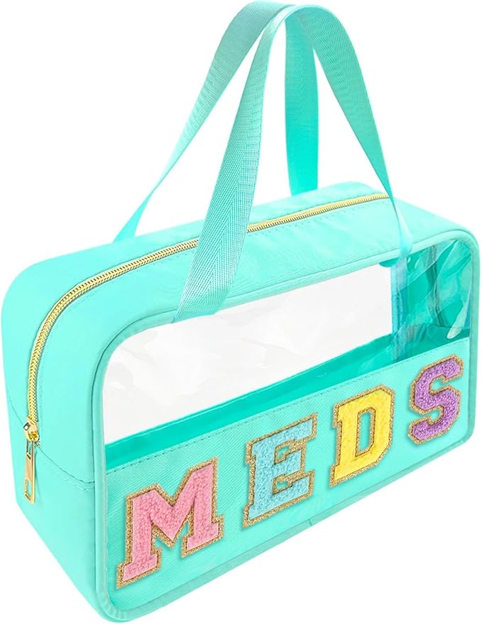Bunliuys Chenille Letter Clear Makeup Bag Meds Patch, Travel Toiletry Makeup Bag with Handle, Nylon Waterproof Makeup Bags clear cosmetic bag, preppy patch makeup bag for Women (MEDS-Mint Green)
