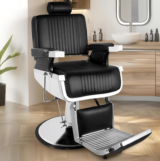 Barber Chair, Black Heavy Duty Reclining Hydraulic Salon Chair for Hair Stylist with Footrest and Headrest, Adjustable 360° Swivel All Purpose Chair Spa Beauty Equipment for Barbershop