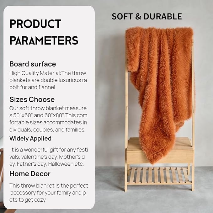 Luxury Fluffy Faux Fur Throw Blanket,Thick Fluffy Silky Fuzzy Cozy Blanket,Plush Blankets for Couch, Sofa, Chair, Bed-Burnt Orange,50x60 Inches
