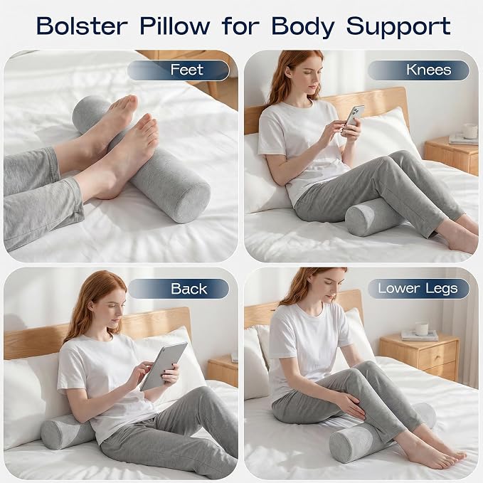 Neck Roll Cervical Pillow for Neck Pain Relief - Memory Foam Neck Pillow for Bed | Round Neck Pillows for Sleeping (Grey, Large - 6.0" H)