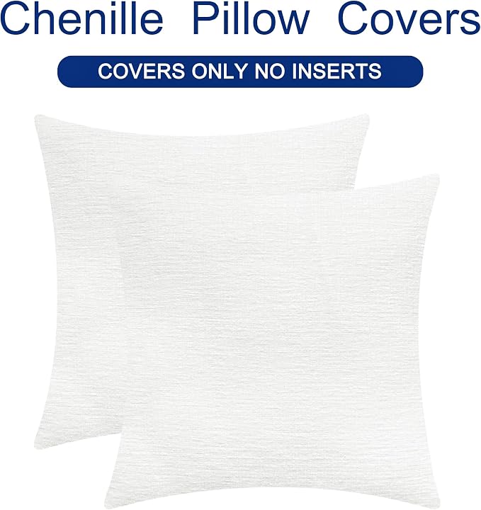 CaliTime Decorative Couch Throw Pillow Covers 24 X 24 Inches True White | Pack of 2, Cozy Chenille Cushion Cases for Sofa Bed Living Room Farmhouse Home