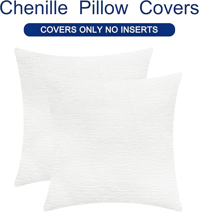 CaliTime Decorative Couch Throw Pillow Covers 16 X 16 Inches True White | Pack of 2, Cozy Chenille Cushion Cases for Sofa Bed Living Room Farmhouse Home