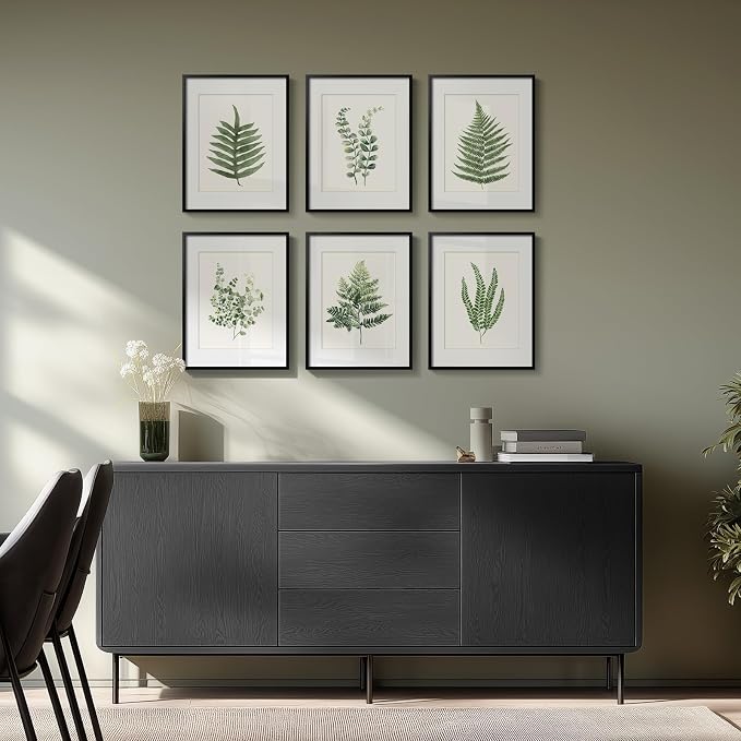 Framed Modern Green Tropical Fern Botanical Wall Art, 6 Piece 11x14 In | Leaf painting, Plant leaves wall decor, Plexiglass with mat prints, Ready to hang artwork, Living room bedroom pictures