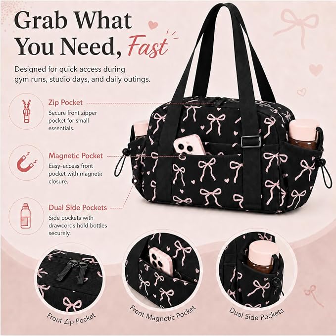 LOIDOU Aesthetic Dance Bag for Girls Corduroy Lightweight Bow Ballet Gymnastic Bag, Small Gym Bag for Women with Wet Dry Pocket, Cute Tote Bag Gifts for Birthday Christmas