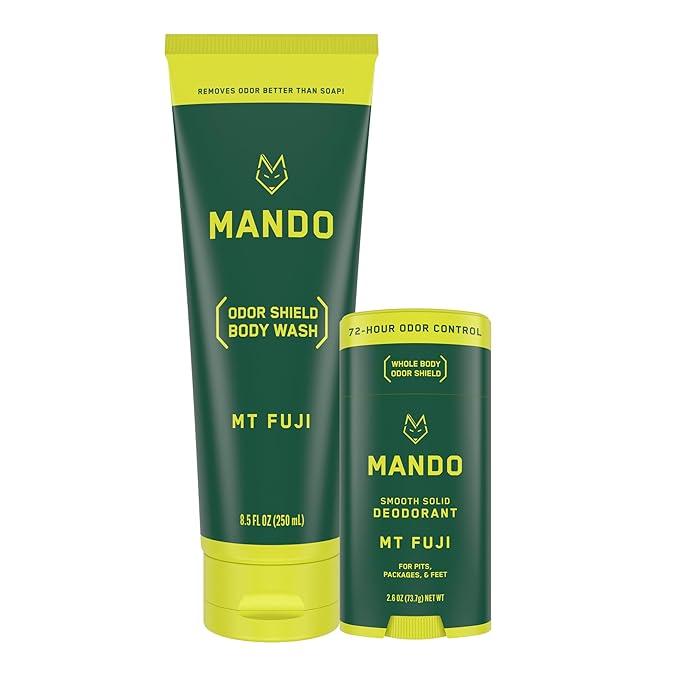 Mando Smooth Solid Stick (2.6 Ounce) + Acidified Body Wash (8.5 Ounce) - Clinically Proven to Block Odor All Day - Whole Body Safe For Pits, Packages + Feet (Mt. Fuji)