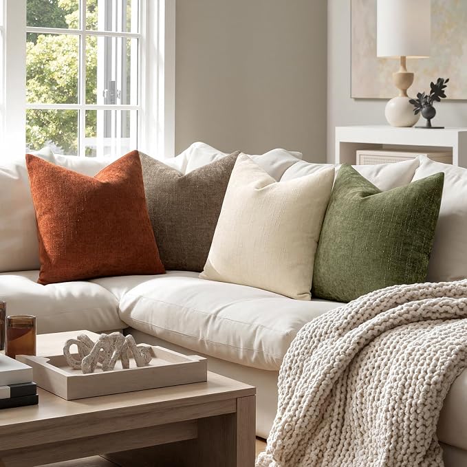 MIULEE Pack of 4 Fall Decorative Throw Pillow Covers 18x18 Inch Chenille Textured Throw Pillows Boho Farmhouse Cushion Covers Vintage Home Decor for Couch Sofa Bed Living Room，Taupe Brown Green