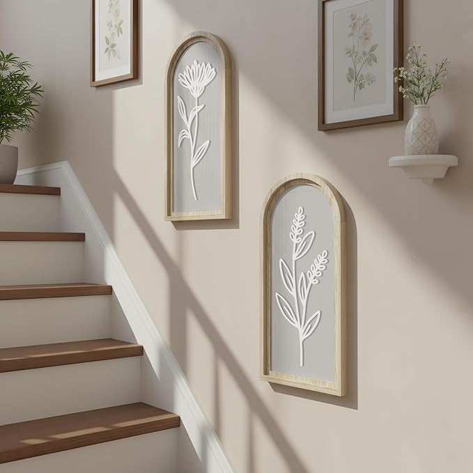 Gray Bathroom Wall Decor Set of 2, Arched 3D Wooden Floral Wall Art Panels | Raised white floral cutouts in arched frames, ready to hang; neutral boho farmhouse decor for bedroom, hallway and entryway