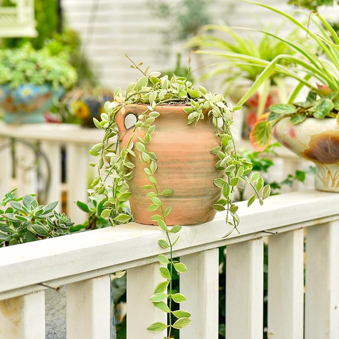 Sungmor Rustic Ceramic Flower Vase with Handles, 6.9 Inch Straight Barrel | Terracotta Plant Pots, Cement Textured Vases Home Decor, Indoor Fresh Flowers Planter, Dried Flower Arrangements