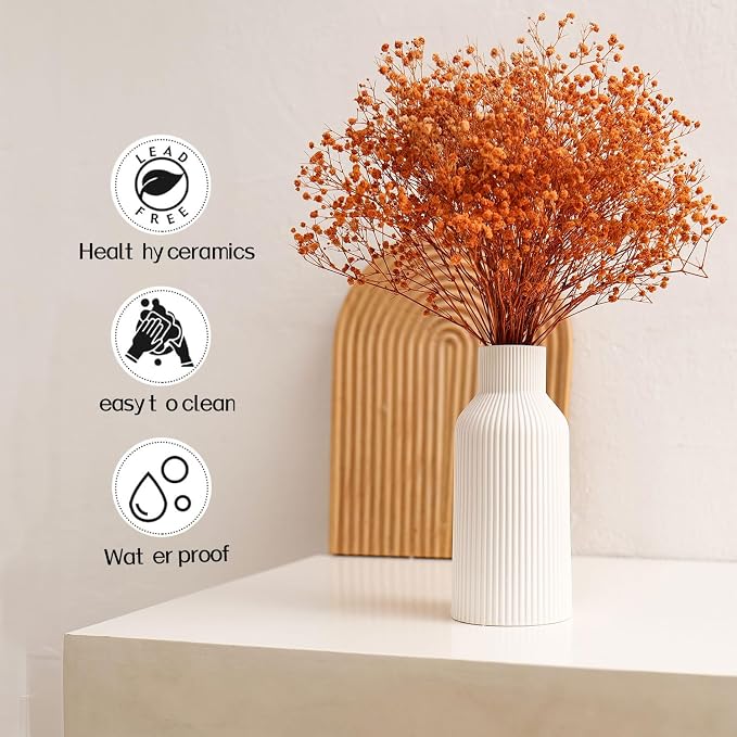 Bohemian White Ceramic Vase - for Pampas Grass, Mantel, Bookshelf, Entryway and Living Room Decor (White, 8in)