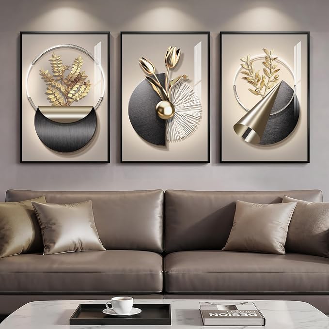Framed Modern Elegant Wall Art for Living Room, 3 Piece Black and Gold Bright Luxury Prints Paintings, Contemporary Golden Flower and Geometric Pictures for Bedroom Dining Room Entryway Wall Decor 16x24 In