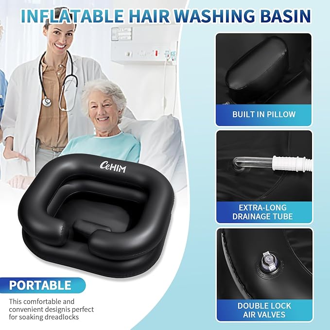 Inflatable Shampoo Basin - Portable Shampoo Bowl, Hair Washing Basin for Bedridden, Disabled,Injured, Hair Wash Tub for Dreadlocks and at Home Sink Washing (Black)