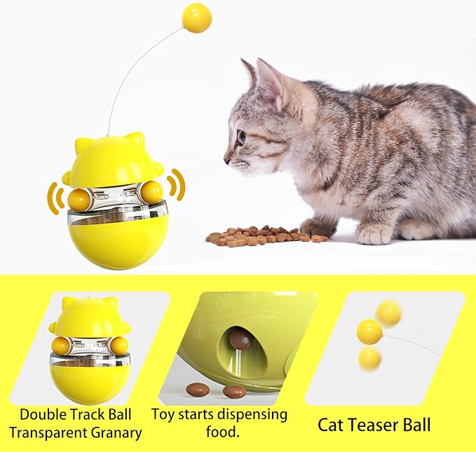 Cat Tumbler Interactive Treat Dispenser Toy, No-Electric Automatic Moving Cat Toy with Wand Ball, Slow Feeder & IQ Training Toy for Indoor Cats & Kittens, (Green)