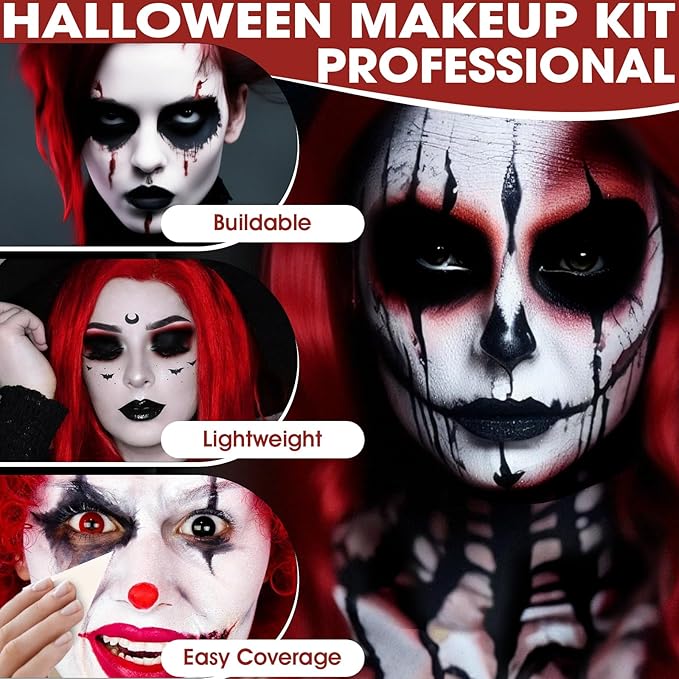 3 Colors Face & Body Paint [Black, White, Red] + 3pc Sponge & Brush, Baseball Eye Black for Sports Face-Painting, Halloween Makeup Kit for Zombie, Clown, Vampire, Skeleton, Joker Costume Makeup