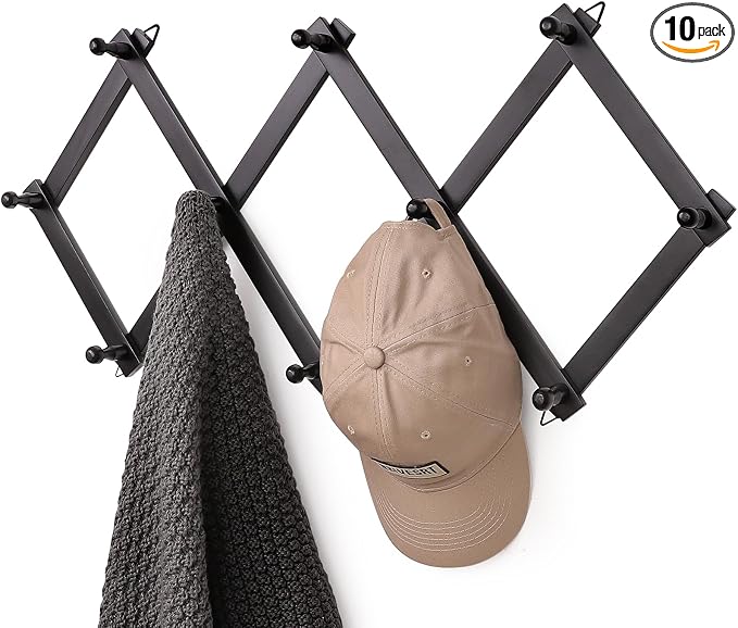 SCUNDA Wall Rack with 10 Hooks, Wooden Wall Expandable Coat Rack for Coat, Hats, Baseball Caps, Coffee Mug, Jewelry(Black)